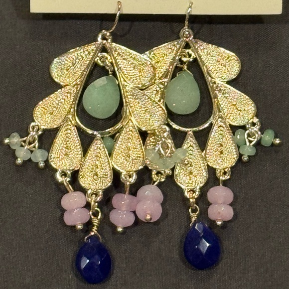 Anthropologie Jewelry - Anthropology Gold Dangle Earrings w/blue, green, and lavender beads.